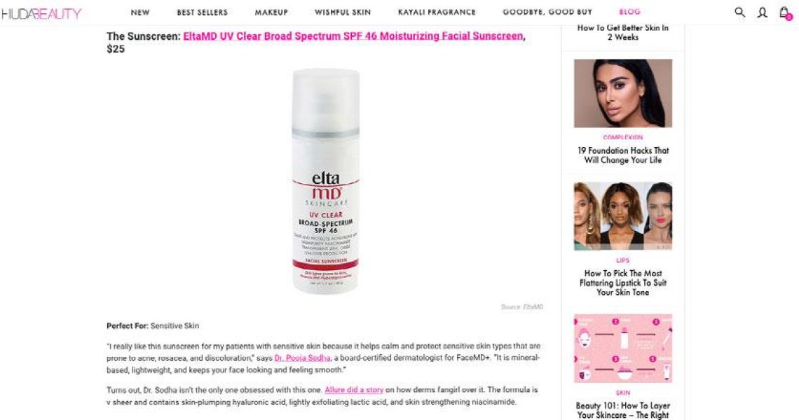 Article featuring Dr. Sodha on Huda Beauty
